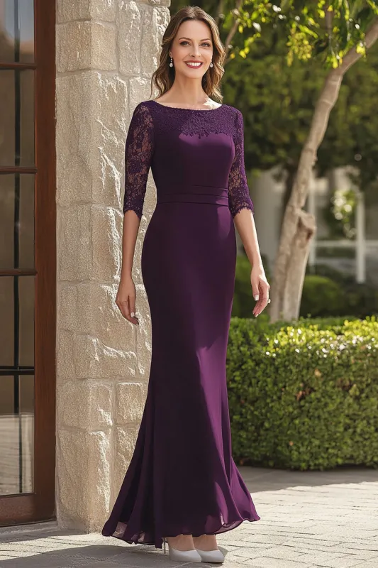 Dark Purple Mermaid Lace Chiffon Mother of the Bride Dress with 3/4 Sleeves made by Wedtrend