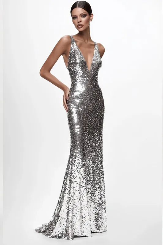 Sparkly Silver V-Neck Sequined Mermaid Formal Dress sold by Wedtrend