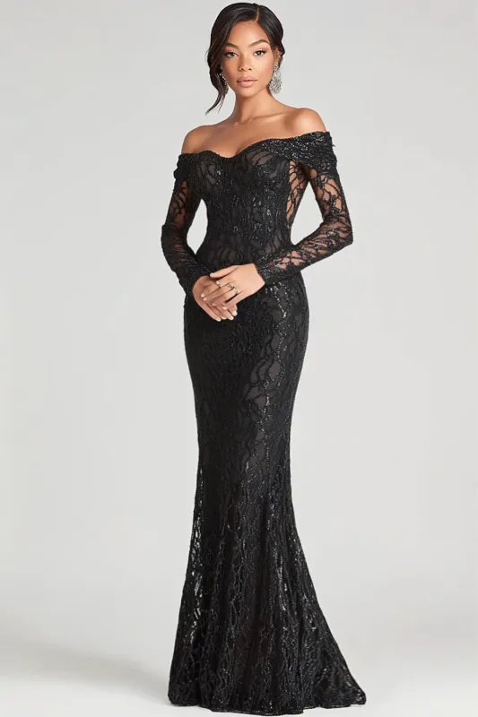 Black Off The Shoulder Sheath Mesh Lace Formal Dress made by Wedtrend