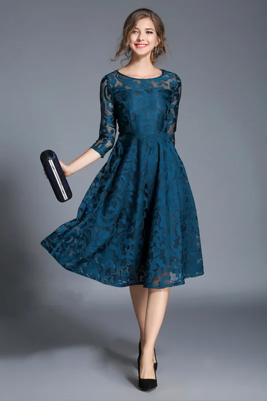 Peacock A Line Round Neck Midi Mother Of The Bride Dress with Half Sleeves sold by Wedtrend