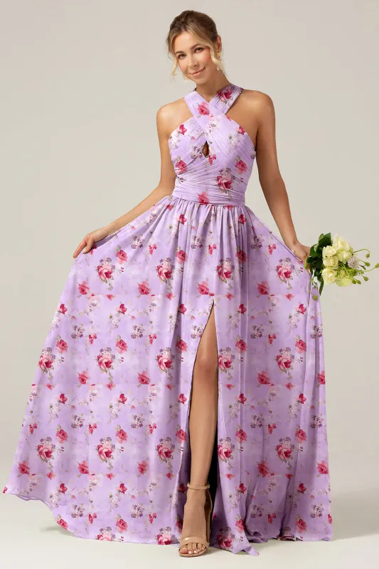 Grey Purple A Line Halter Chiffon Print Floral Long Bridesmaid Dress with Slit sold by Wedtrend