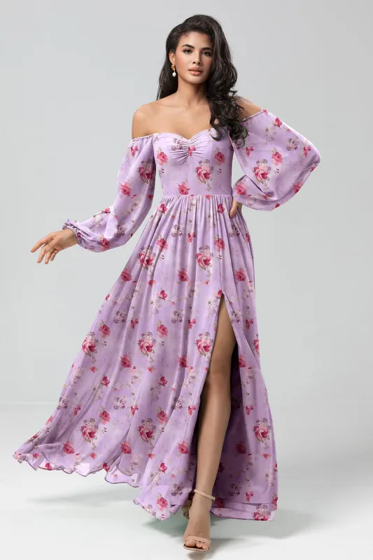 Grey Purple A Line Off The Shoulder Chiffon Print Floral Long Bridesmaid Dress with Slit made by Wedtrend