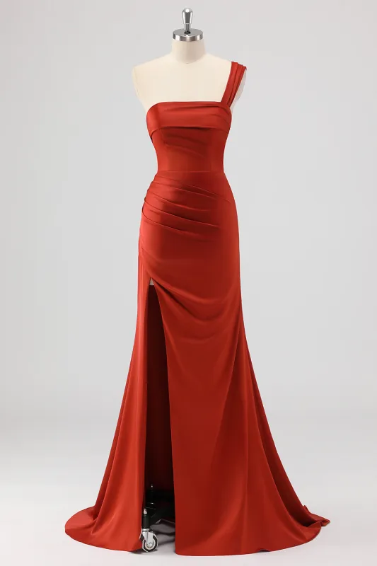 Rust Mermaid One Shoulder Ruched Satin Long Bridesmaid Dress with Slit sold by Wedtrend