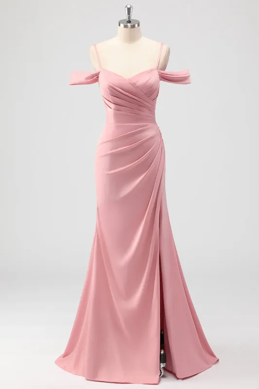 Blush Mermaid Cold Shoulder Ruched Satin Long Bridesmaid Dress with Slit made by Wedtrend