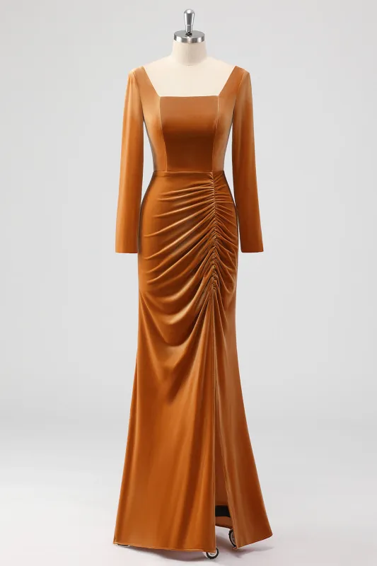 Brown Mermaid Square Neck Ruched Long Sleeves Velvet Bridesmaid Dress with Slit sold by Wedtrend