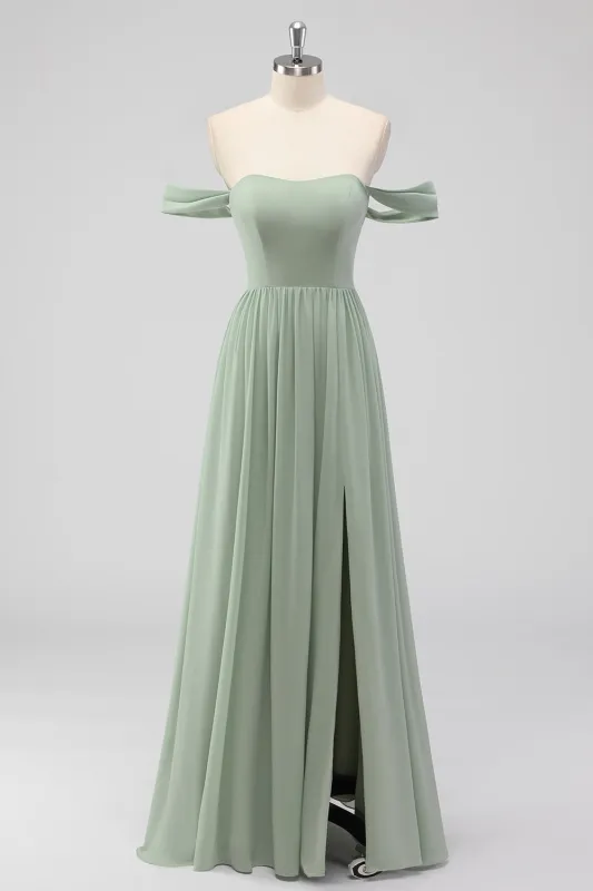 Sage Green A-Line Off The Shoulder Ruched Chiffon Long Bridesmaid Dress with Slit sold by Wedtrend