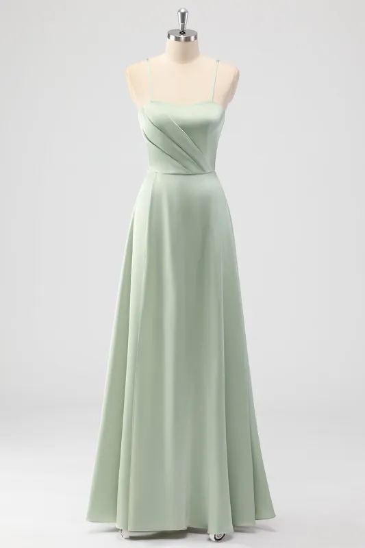 Sage Green A Line Spaghetti Straps Pleated Satin Long Bridesmaid Dress sold by Wedtrend