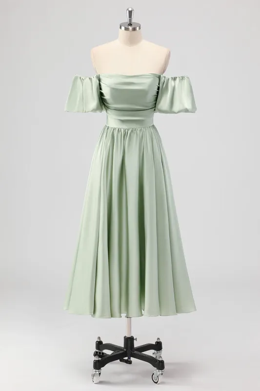 Sage Green A Line Off The Shoulder Ruched Tea-Length Satin Bridesmaid Dress sold by Wedtrend