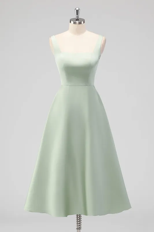 Sage Green A Line Square Neck Tea-Length Satin Bridesmaid Dress sold by Wedtrend