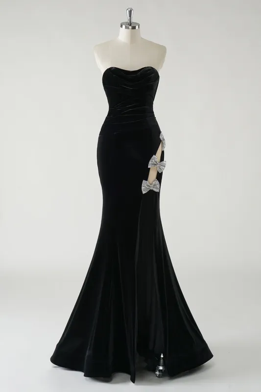 Sparkly Black Mermaid Strapless Velvet Bows Long Prom Dress With High Slit sold by Wedtrend