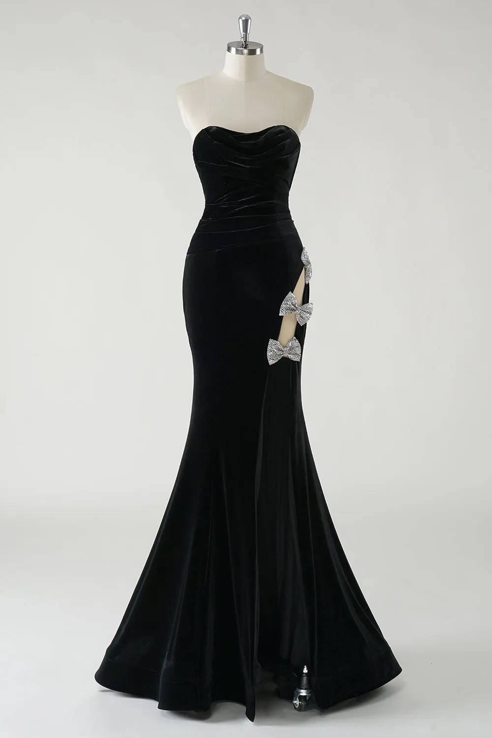 Sparkly Black Mermaid Strapless Velvet Bows Long Prom Dress With High Slit sold by Wedtrend