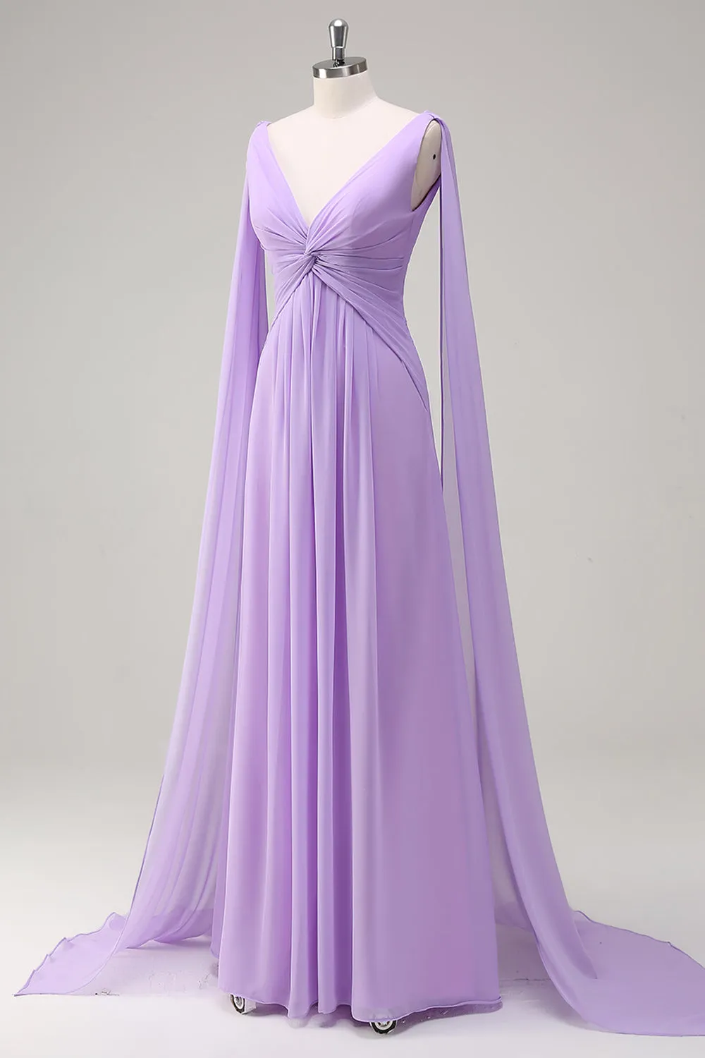 Elegant Lilac A-Line V Neck Chiffon Long Bridesmaid Dress with Flowing Cape Sleeves sold by Wedtrend product image thumbnail 3