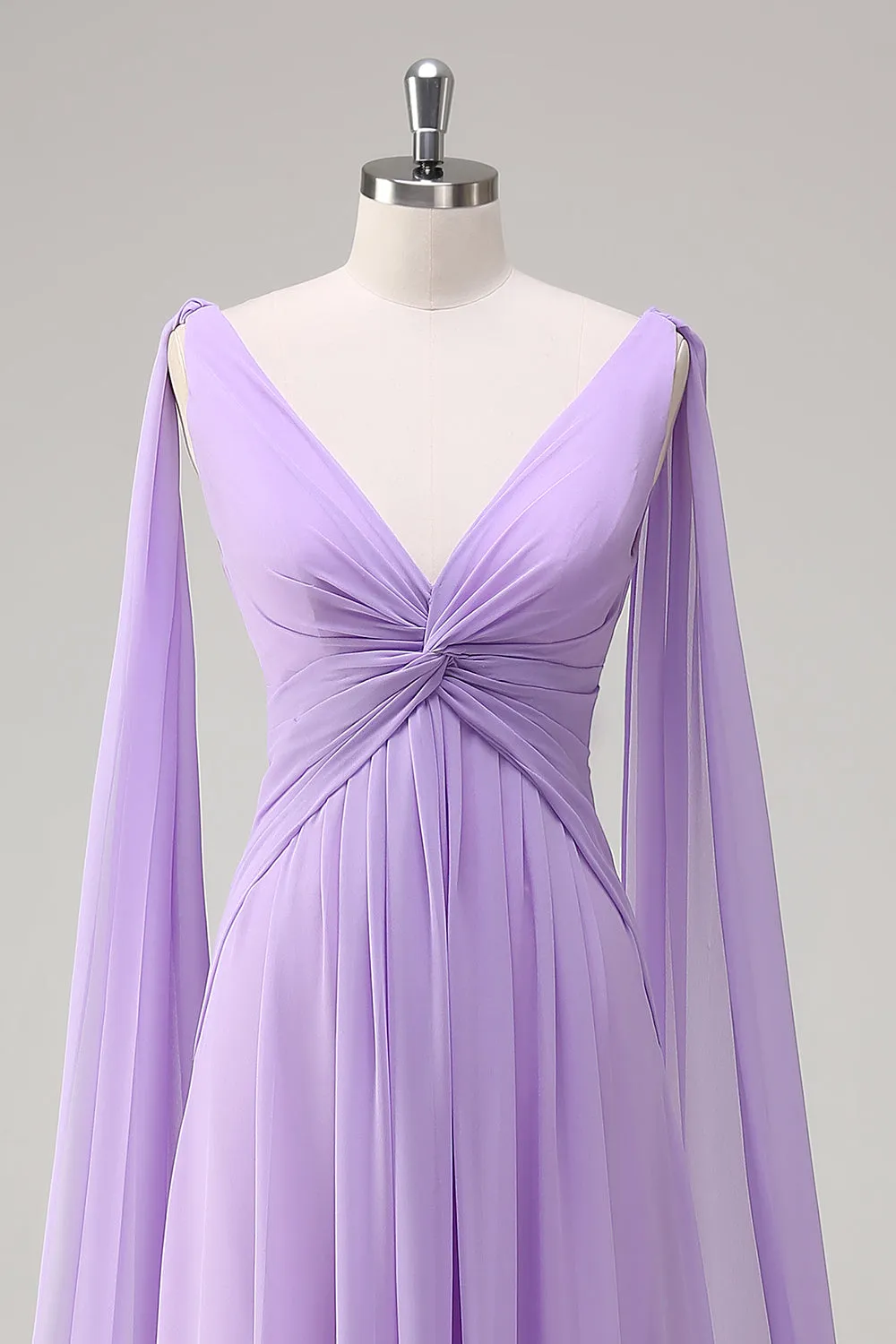 Elegant Lilac A-Line V Neck Chiffon Long Bridesmaid Dress with Flowing Cape Sleeves sold by Wedtrend product image thumbnail 4
