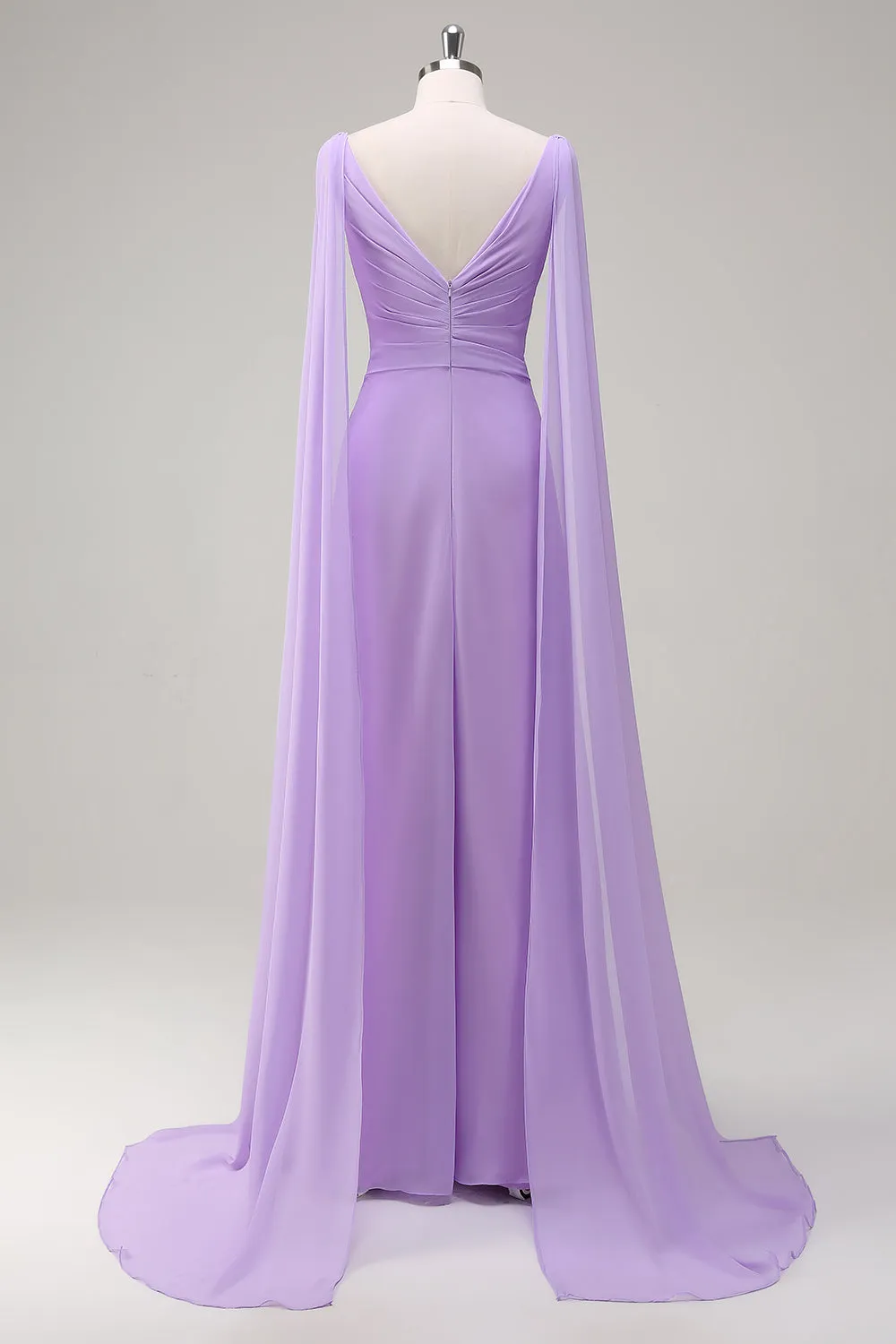 Elegant Lilac A-Line V Neck Chiffon Long Bridesmaid Dress with Flowing Cape Sleeves sold by Wedtrend product image thumbnail 2