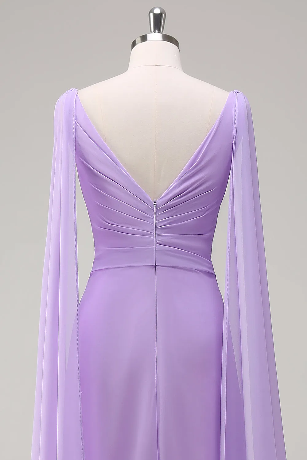 Elegant Lilac A-Line V Neck Chiffon Long Bridesmaid Dress with Flowing Cape Sleeves sold by Wedtrend product image thumbnail 5