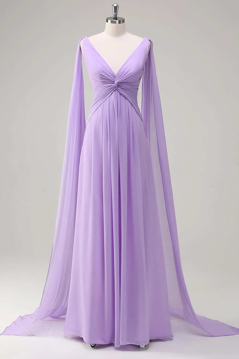 Elegant Lilac A-Line V Neck Chiffon Long Bridesmaid Dress with Flowing Cape Sleeves sold by Wedtrend