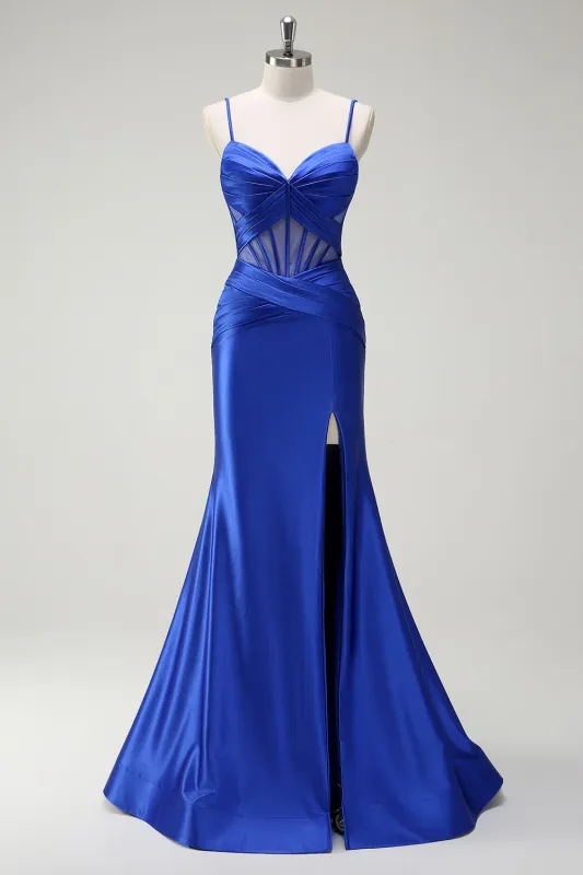 Royal Blue Mermaid Spaghetti Straps Satin Corset Long Prom Dress with Slit sold by Wedtrend