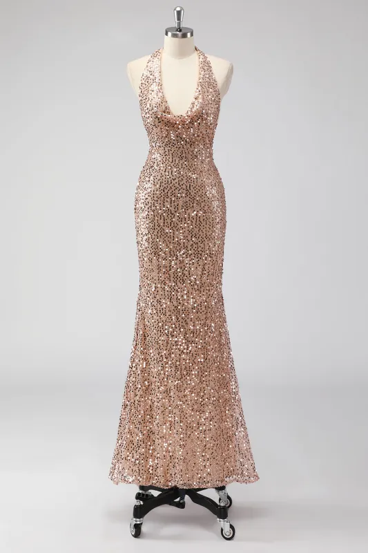 Glitter Champagne Mermaid Halter Open Back Long Prom Dress with Sequins made by Wedtrend