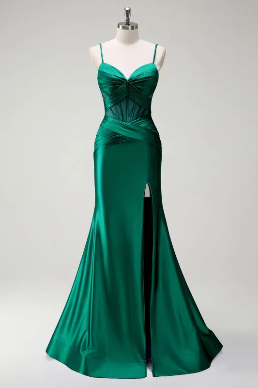 Dark Green Mermaid Spaghetti Straps Satin Prom Dress with Sheer Corset Bodice made by Wedtrend
