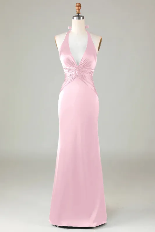 Blushing Pink Mermaid Halter V Neck Open Back Satin Ruched Long Bridesmaid Dress made by Wedtrend