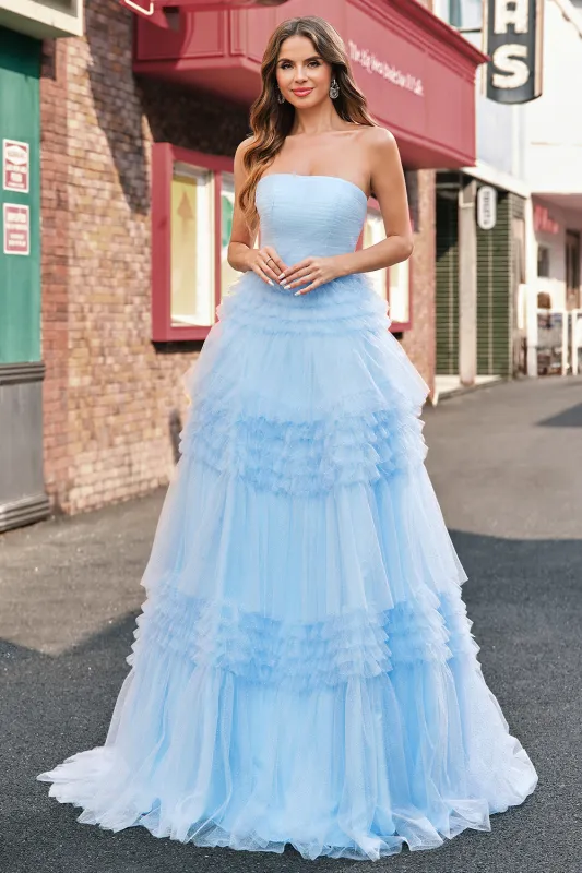 Light Blue Tulle A Line Strapless Tiered Long Prom Dress sold by Wedtrend