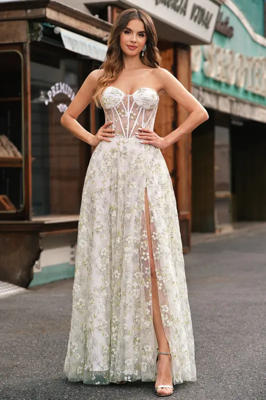 Light Green A-Line Strapless Corset Long Prom Dress with Slit made by Wedtrend