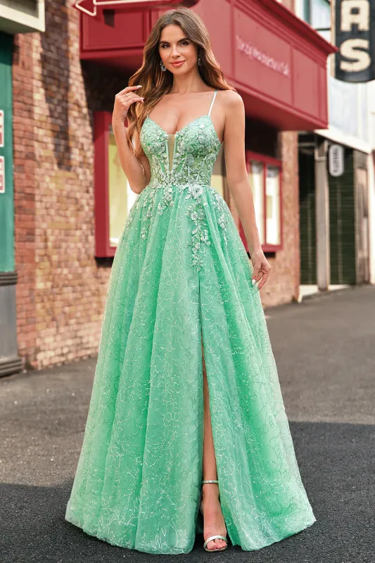 Sparkly Light Green A Line Spaghetti Straps Corset Tulle Long Prom Dress with Slit made by Wedtrend
