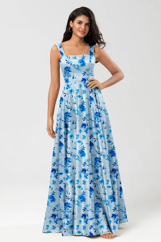 Blue Flower A-Line Square Neck Floor Length Satin Bridesmaid Dress with Pocket made by Wedtrend