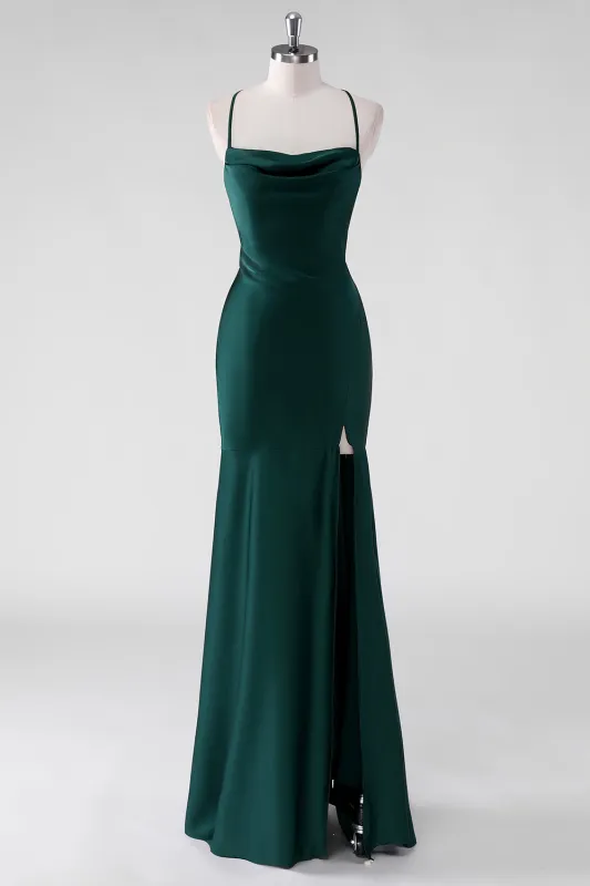 Pine Sheath Spaghetti Straps Satin Floor Length Bridesmaid Dress with Lace Up Back made by Wedtrend