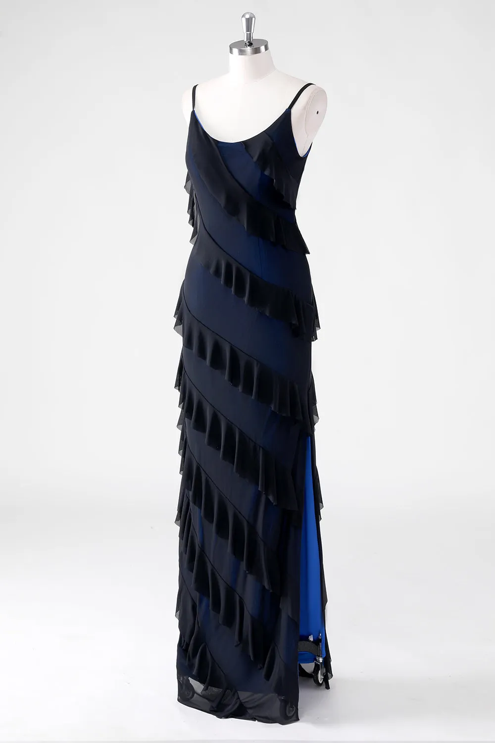 Black Blue Sheath Spaghetti Straps Tassel Long Bridesmaid Dress with Slit sold by Wedtrend product image thumbnail 3