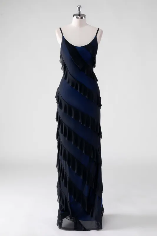 Black Blue Sheath Spaghetti Straps Tassel Long Bridesmaid Dress with Slit made by Wedtrend