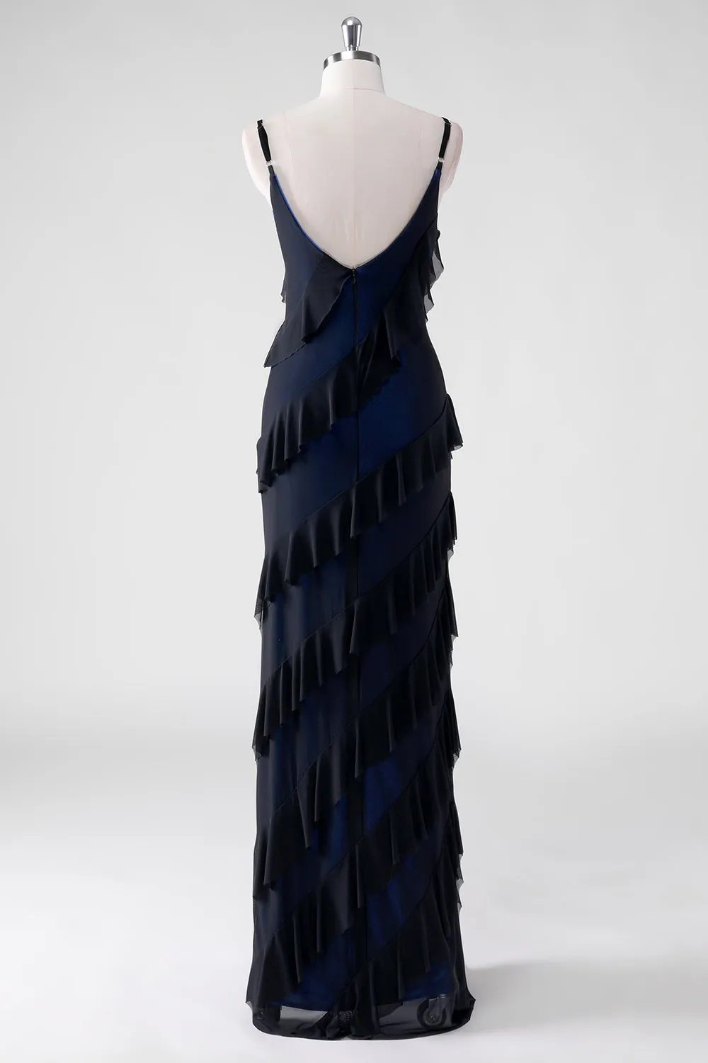 Black Blue Sheath Spaghetti Straps Tassel Long Bridesmaid Dress with Slit sold by Wedtrend product image thumbnail 2