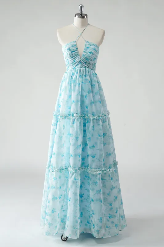 Blue Flower A Line Spaghetti Straps Pleated Tiered Floor Length Bridesmaid Dress made by Wedtrend