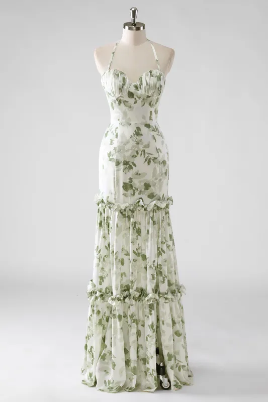 Green Flower Sheath Halter Neck Printed Long Bridesmaid Dress with Lace Up Back made by Wedtrend