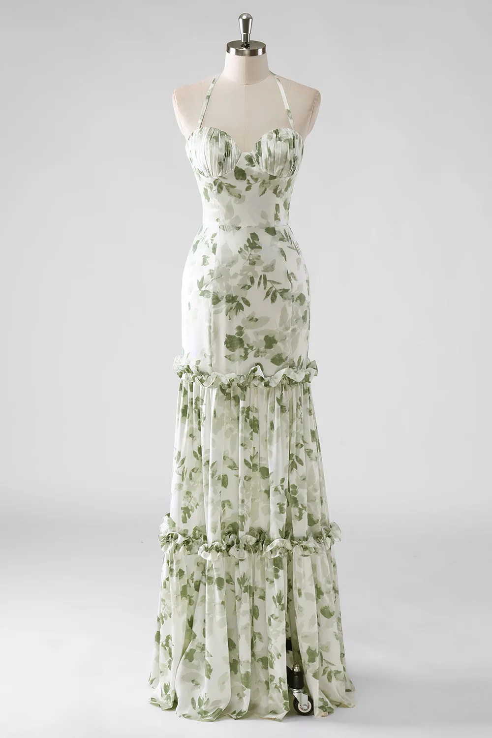 Green Flower Sheath Halter Neck Printed Long Bridesmaid Dress with Lace Up Back sold by Wedtrend