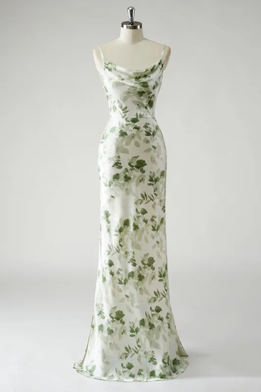 Green Flower Sheath Cowl Neck Printed Open Back Long Bridesmaid Dress sold by Wedtrend