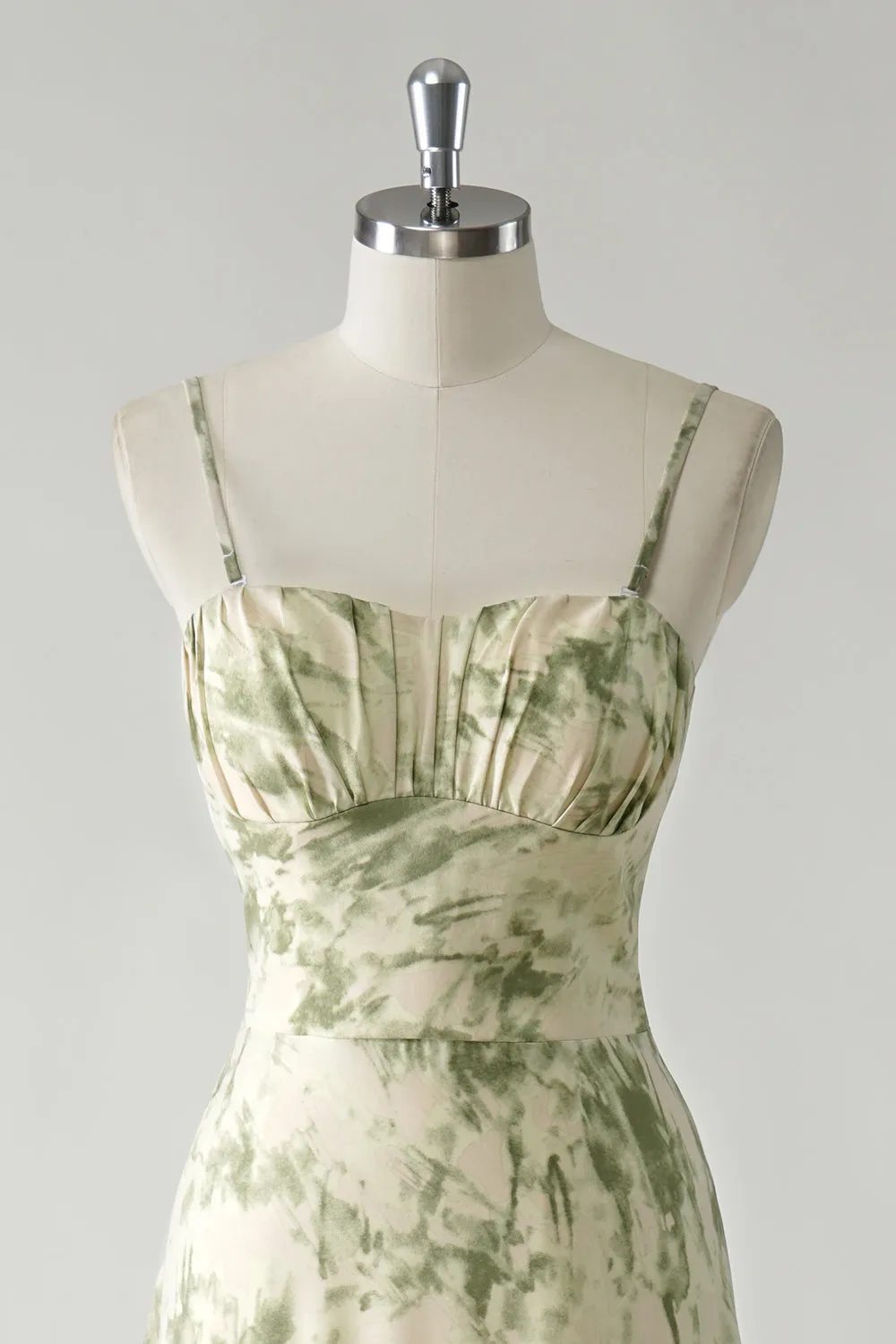 Sage Flower A Line Spaghetti Straps Printed Long Bridesmaid Dress with Ruffles sold by Wedtrend product image thumbnail 4