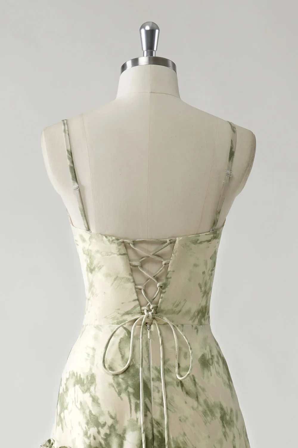 Sage Flower A Line Spaghetti Straps Printed Long Bridesmaid Dress with Ruffles sold by Wedtrend product image thumbnail 5