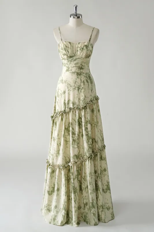 Sage Flower A Line Spaghetti Straps Printed Long Bridesmaid Dress with Ruffles made by Wedtrend
