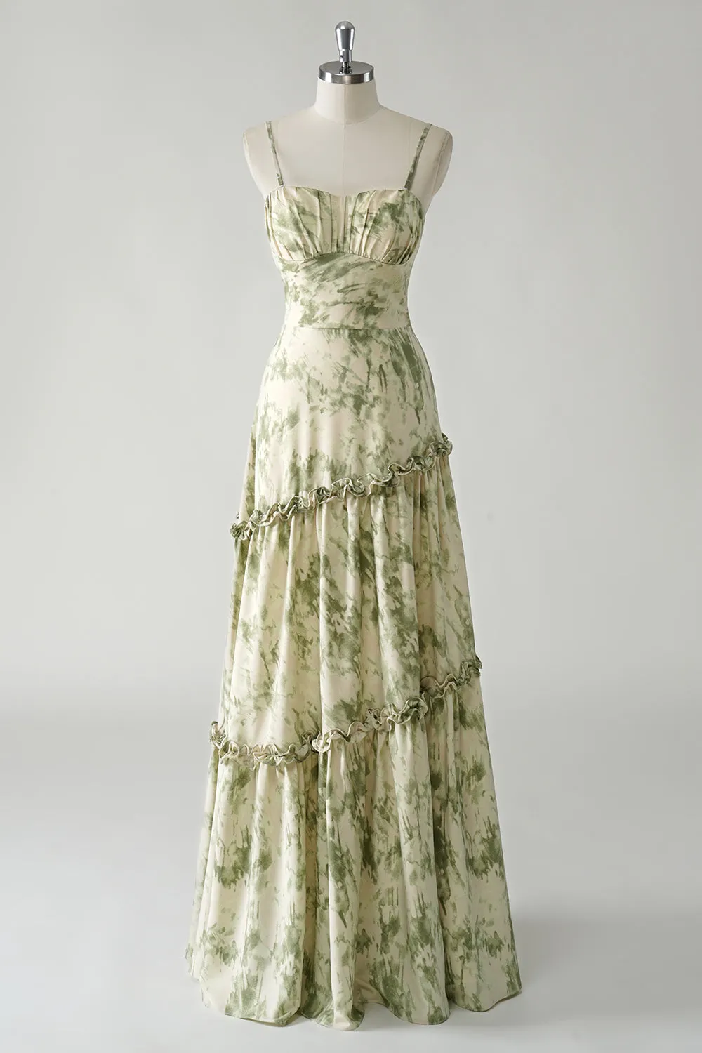 Sage Flower A Line Spaghetti Straps Printed Long Bridesmaid Dress with Ruffles sold by Wedtrend