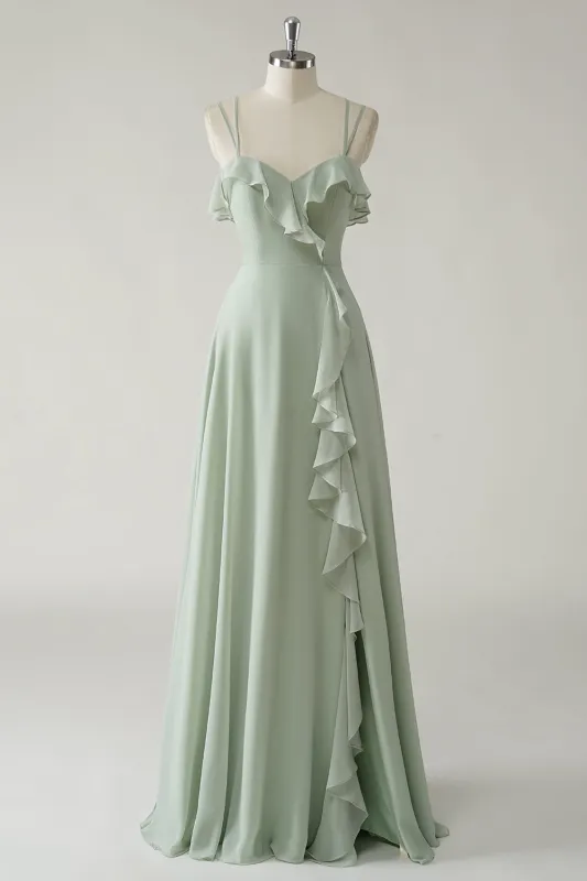 Dusty Sage A Line Spaghetti Straps Chiffon Long Bridesmaid Dress with Ruffle Slit made by Wedtrend