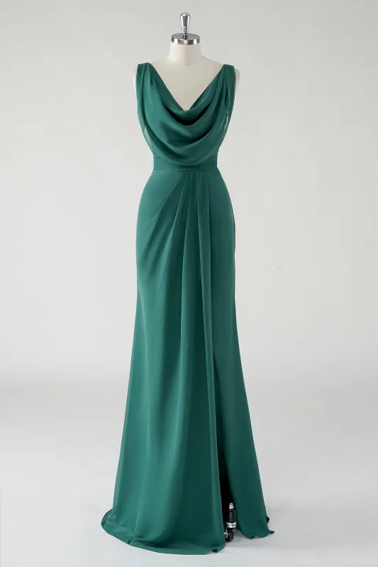 Dark Green Sheath Cowl Neck Chiffon Floor Length Bridesmaid Dress with Slit made by Wedtrend