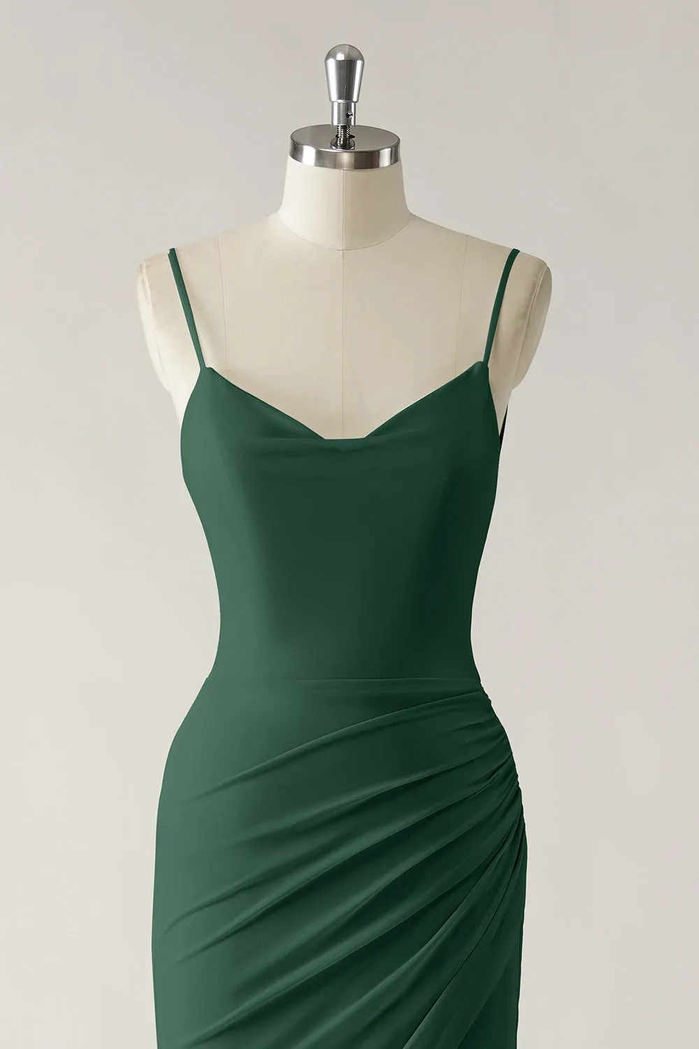 Dark Green Mermaid Spaghetti Straps Chiffon Ruched Long Bridesmaid Dress with Slit sold by Wedtrend product image thumbnail 4