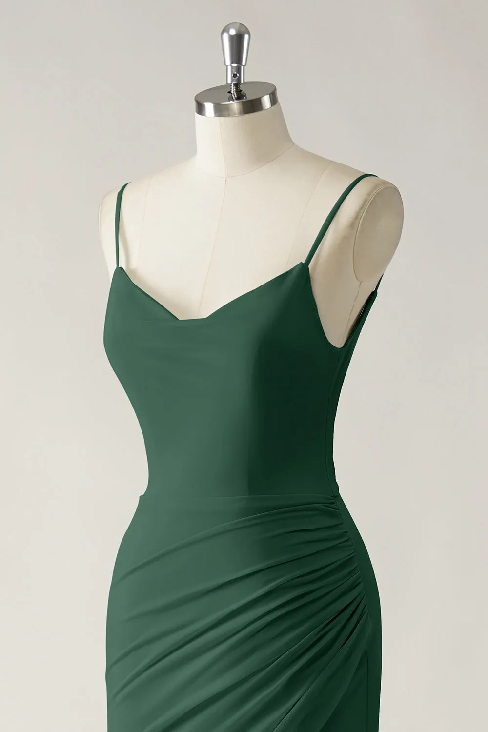 Dark Green Mermaid Spaghetti Straps Chiffon Ruched Long Bridesmaid Dress with Slit sold by Wedtrend product image thumbnail 5