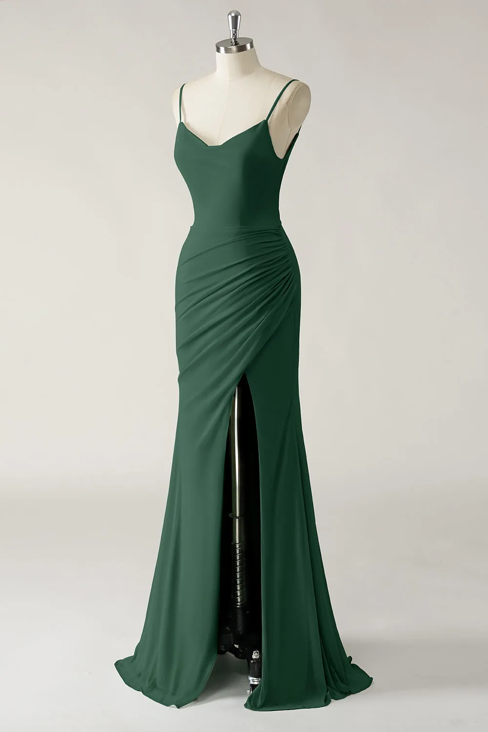 Dark Green Mermaid Spaghetti Straps Chiffon Ruched Long Bridesmaid Dress with Slit sold by Wedtrend product image thumbnail 3