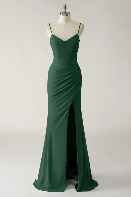 Dark Green Mermaid Spaghetti Straps Chiffon Ruched Long Bridesmaid Dress with Slit sold by Wedtrend