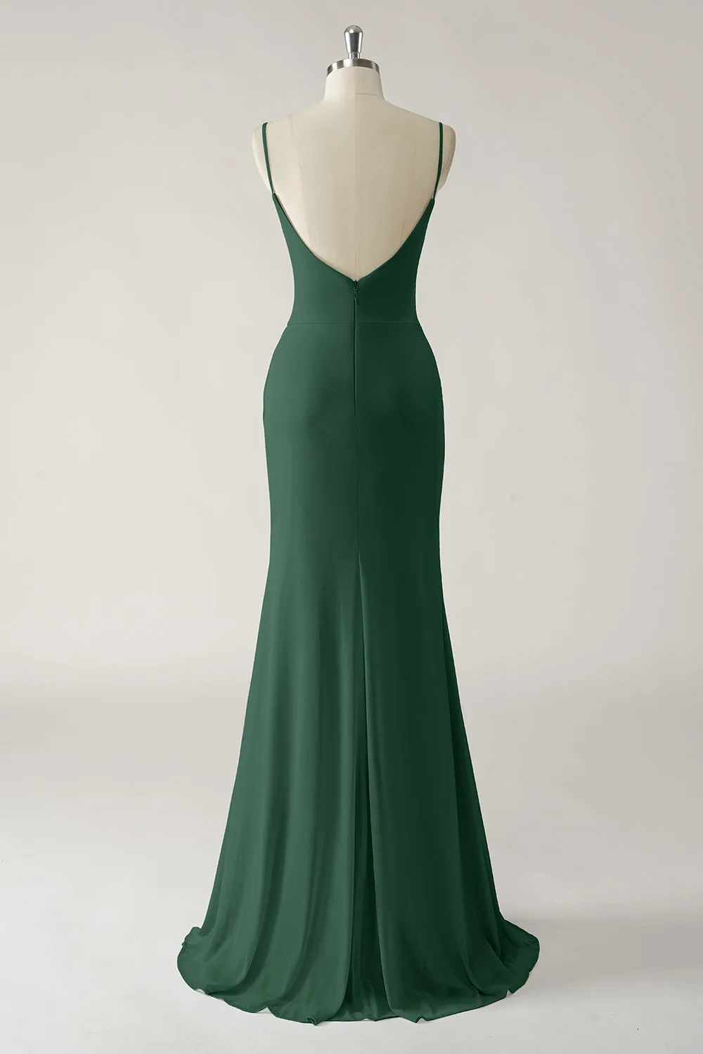 Dark Green Mermaid Spaghetti Straps Chiffon Ruched Long Bridesmaid Dress with Slit sold by Wedtrend product image thumbnail 2