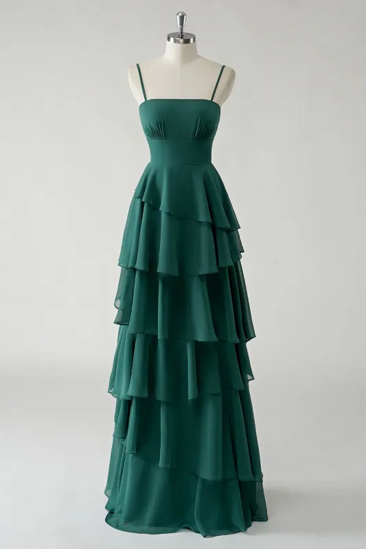 Dark Green A Line Spaghetti Straps Tiered Chiffon Floor Length Bridesmaid Dress sold by Wedtrend