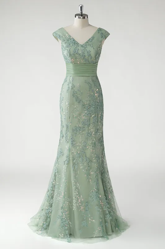 Sparkly Green V Neck Pleated Sequin Mother of the Bride Dress with Appliques made by Wedtrend