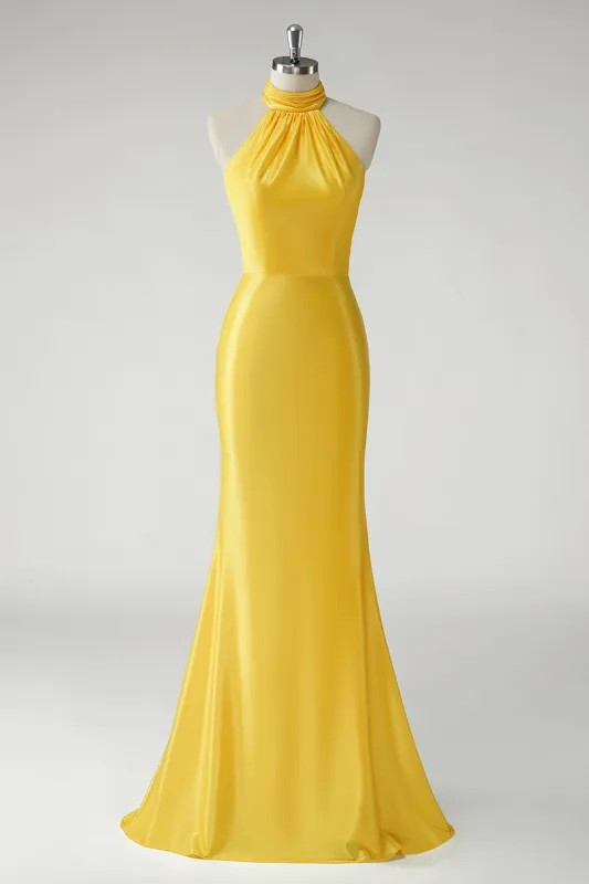 Yellow Mermaid High Neck Satin Pleated Cut Out Long Prom Dress sold by Wedtrend
